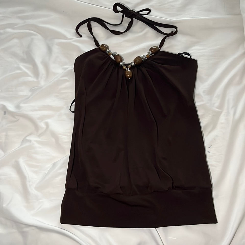 Brown Beaded Halter Top